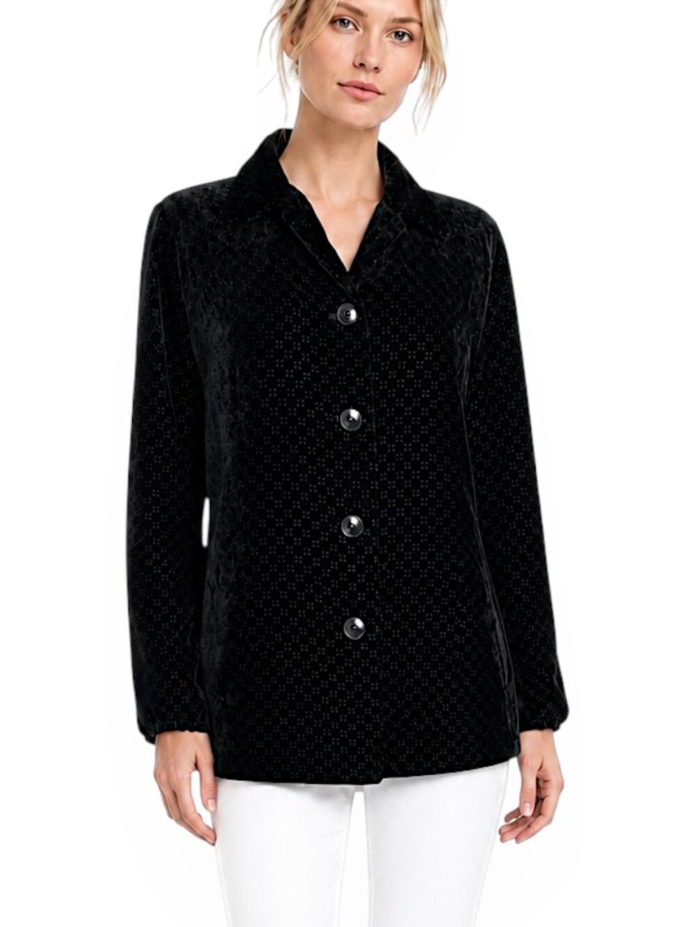 Saisumi Black Silk Velvet Burnout Patterned Winter Jacket Coat Size XL ?